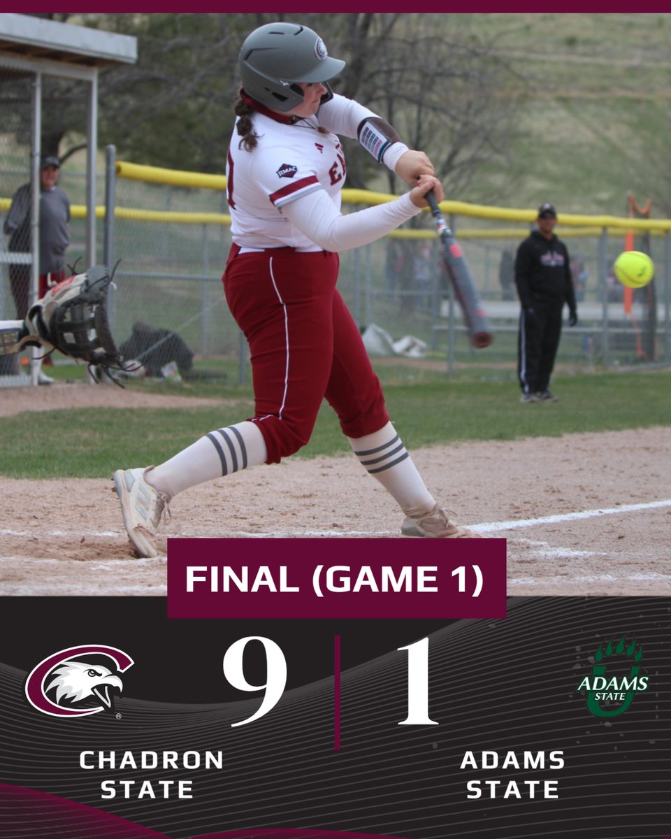 FINAL: EAGLES WIN!
Chadron State 9, Adams State 1.

Jazlyn Arvizo: 3-3, RBI
Sophia Brennan: 1-3, HR, 3 RBI
Tori Haug: 5 IP, 1 R, 4 H, 7 K

Game two of the doubleheader will get underway in approximately 20 minutes on the RMAC Network.