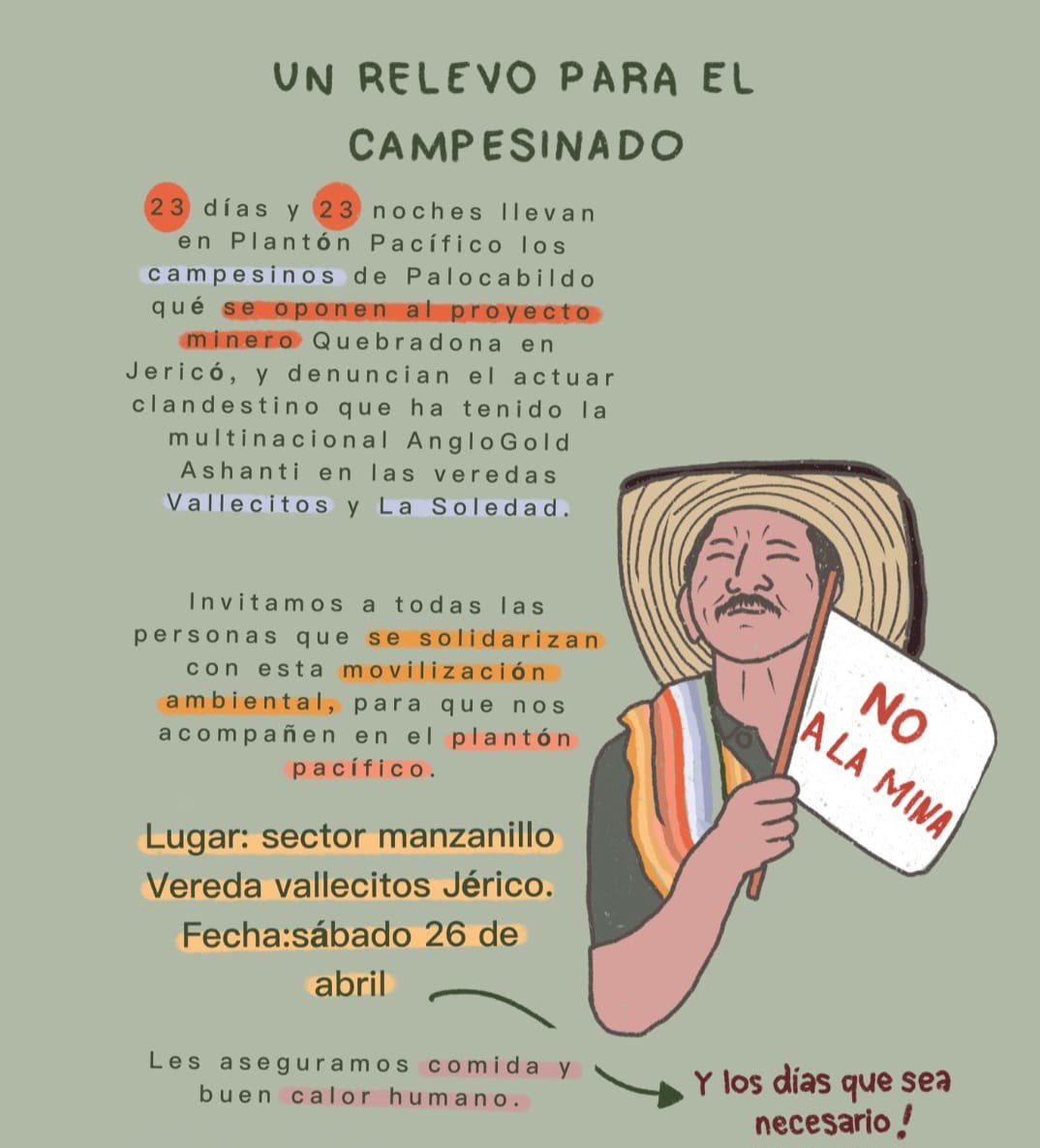 Hoy más que nunca, hacemos un llamado amoroso a acompañar el plantón pacífico en solidaridad con el campesinado defensor de la vida, ante la estigmatización y las amenazas que enfrentan. ⛰️🤍