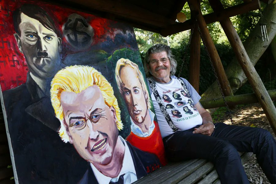 Edith_van_G's tweet image. Gekke #BennieJolink waar ik mijn ??? bij zet als openingsact op #koningsdag in #Doetinchem Hij, die ooit een bizar schilderij maakte waar hij Wilders vergelijkt met Hitler en Breivik. Demoniserend. En zijn verheerlijking voor Ché Guevara. 🤨 Zijn beste tijd is allang voorbij.
