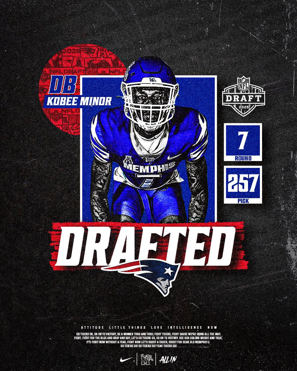 Memphis Football (@memphisfb) on Twitter photo Memphis ➡️ New England
<a href="/ThekobeeMinor/">Kobee Minor🤟🏾</a> is headed to the <a href="/Patriots/">New England Patriots</a> ‼️
#ALLIN | #GoTigersGo
📺 2025 #NFLDraft – April 24-26 on NFL Network/ESPN/ABC Memphis ➡️ New England
<a href="/ThekobeeMinor/">Kobee Minor🤟🏾</a> is headed to the <a href="/Patriots/">New England Patriots</a> ‼️
#ALLIN | #GoTigersGo
📺 2025 #NFLDraft – April 24-26 on NFL Network/ESPN/ABC