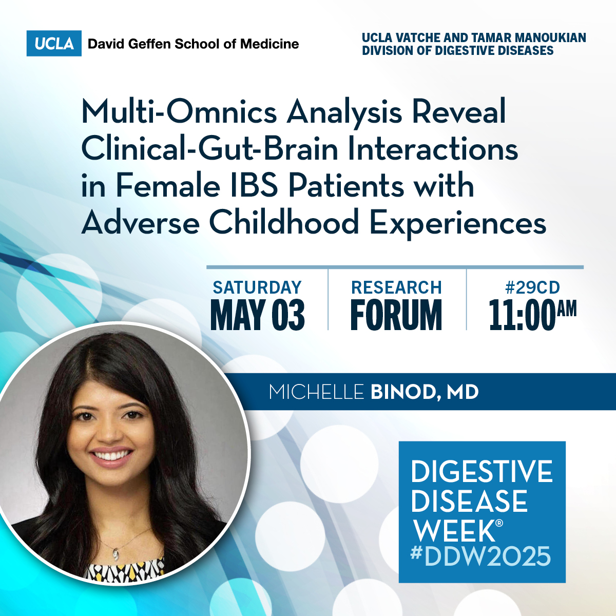 UCLA Gastroenterology and Hepatology (@uclagihep) on Twitter photo Multi-Omnics Analysis Reveal Clinical-Gut-Brain Interactions in Female #IBS Patients with Adverse Childhood Experiences at #DDW2025
⭐️Michelle Binod, MD (UCLA PedsGI fellow)
👤 Senior: <a href="/ArpanaChurch/">Arpana Church</a>
👥<a href="/LinChangMD/">Lin Chang</a> Ming Wei Hung <a href="/TienDongMD/">Tien Dong MD, PhD</a>
🗓️Saturday, May 3, 11am, 29CD Multi-Omnics Analysis Reveal Clinical-Gut-Brain Interactions in Female #IBS Patients with Adverse Childhood Experiences at #DDW2025
⭐️Michelle Binod, MD (UCLA PedsGI fellow)
👤 Senior: <a href="/ArpanaChurch/">Arpana Church</a>
👥<a href="/LinChangMD/">Lin Chang</a> Ming Wei Hung <a href="/TienDongMD/">Tien Dong MD, PhD</a>
🗓️Saturday, May 3, 11am, 29CD