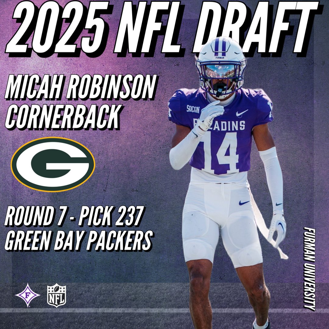 Furman Football (@paladinfootball) on Twitter photo 2025 NFL Draft
Round 7 - Pick 237
<a href="/MicahMRobinson1/">†𝕄𝕚𝕔𝕒𝕙 ℝ𝕠𝕓𝕚𝕟𝕤𝕠𝕟</a> is headed to the <a href="/packers/">Green Bay Packers</a> ! 2025 NFL Draft
Round 7 - Pick 237
<a href="/MicahMRobinson1/">†𝕄𝕚𝕔𝕒𝕙 ℝ𝕠𝕓𝕚𝕟𝕤𝕠𝕟</a> is headed to the <a href="/packers/">Green Bay Packers</a> !