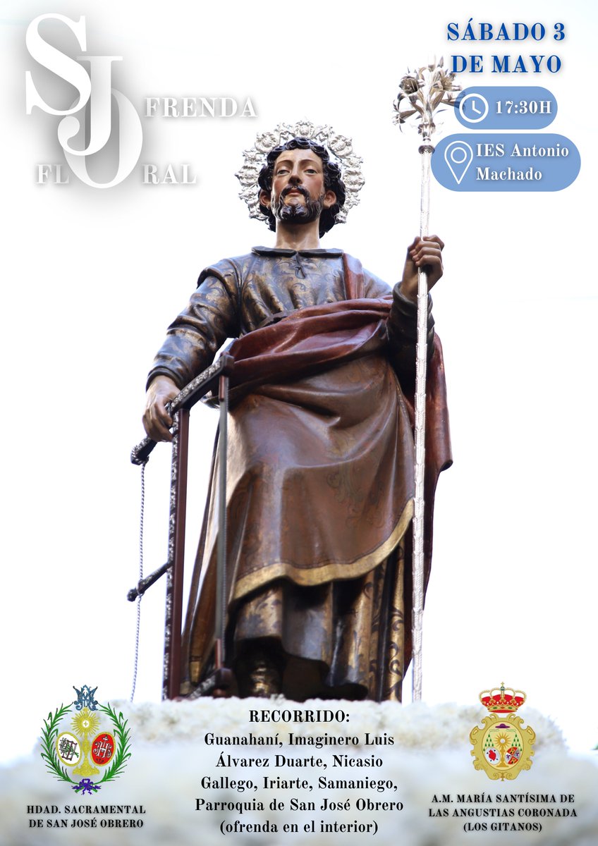 #SJO25 | OFRENDA FLORA A SAN JOSÉ OBRERO

El próximo 3 de mayo tendrá lugar la tradicional ofrenda floral a nuestro Santo Patrón. 

Recordamos a todos los niños y niñas que quieran participar que podrán acudir vestidos de flamencos y que la ofrenda será de claveles blancos.