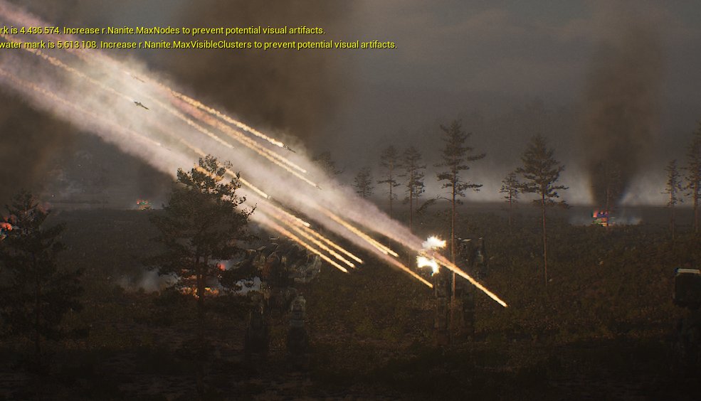 C4K96's tweet image. In-engine screenshot of Eques lance being hit by LRMs in Unreal Engine 5...

#HiredSteel #Episode4 #mechwarrior #battletech #UnrealEngine