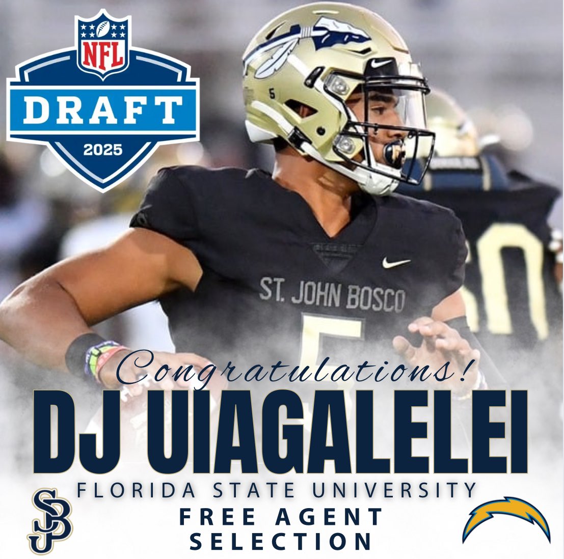 Another Brave to the NFL!  Congratulations to former SJB National Champion ‘20 QB DJ Uiagalelei on signing with the hometown Los Angeles Chargers!  Can’t wait to see his NFL career take off in LA! #NFLDraft2025 #Brave4Life