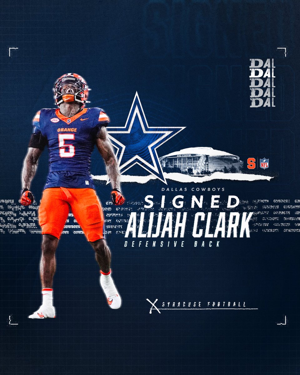 Syracuse Football (@cusefootball) on Twitter photo CINCO to the <a href="/dallascowboys/">Dallas Cowboys</a> โผ๏ธ๐
<a href="/cinco_agent/">Alijah โCincoโ Clark</a> is on his way Dallas
#NFLDraft | #ProOrange CINCO to the <a href="/dallascowboys/">Dallas Cowboys</a> โผ๏ธ๐
<a href="/cinco_agent/">Alijah โCincoโ Clark</a> is on his way Dallas
#NFLDraft | #ProOrange
