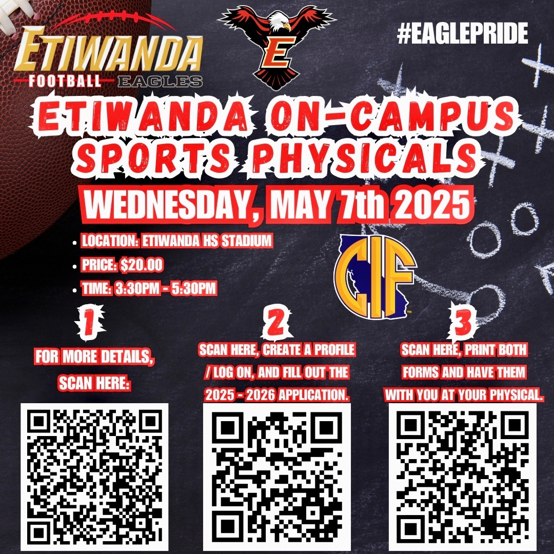 Etiwanda High Football (@etiwandafb) on Twitter photo **ATTENTION EAGLE ATHLETES**
If you need a sports physical, please scan, fill out, and bring your forms with you on WEDNESDAY, 5/7/25.
<a href="/EtiwandaFB/">Etiwanda High Football</a> <a href="/EHSAthletics/">Etiwanda Athletics</a> <a href="/EHS__Activities/">CH</a> <a href="/EHSAchieve/">Julie</a> <a href="/EtiwandaRed/">Principal Wolfe</a> @EtiwandaSD <a href="/EtiwandaSA/">EHStudentAchievement</a> <a href="/EHighCC/">🦅 Etiwanda High School Community Connection 🦅</a> @SA_Etiwanda @ASBEtiwanda <a href="/Pcoachdub1/">Coach Phil Wash</a> **ATTENTION EAGLE ATHLETES**
If you need a sports physical, please scan, fill out, and bring your forms with you on WEDNESDAY, 5/7/25.
<a href="/EtiwandaFB/">Etiwanda High Football</a> <a href="/EHSAthletics/">Etiwanda Athletics</a> <a href="/EHS__Activities/">CH</a> <a href="/EHSAchieve/">Julie</a> <a href="/EtiwandaRed/">Principal Wolfe</a> @EtiwandaSD <a href="/EtiwandaSA/">EHStudentAchievement</a> <a href="/EHighCC/">🦅 Etiwanda High School Community Connection 🦅</a> @SA_Etiwanda @ASBEtiwanda <a href="/Pcoachdub1/">Coach Phil Wash</a>