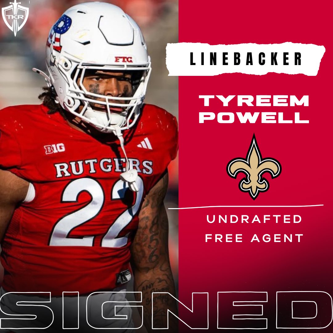 Rutgers Scarlet Knights | The Knight Report (@rutgersrivals) on Twitter photo Rutgers Football LB Tyreem Powell (<a href="/TyreemPowell/">Tyreem Powell 🫶🏾</a>) has signed an UDFA contract with the New Orleans Saints per <a href="/ChrisIseman/">Chris Iseman</a>.
👉 tinyurl.com/RUNFLDraft25 Rutgers Football LB Tyreem Powell (<a href="/TyreemPowell/">Tyreem Powell 🫶🏾</a>) has signed an UDFA contract with the New Orleans Saints per <a href="/ChrisIseman/">Chris Iseman</a>.
👉 tinyurl.com/RUNFLDraft25