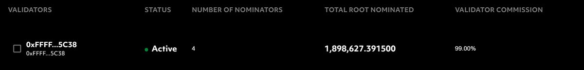 AGMpath's tweet image. Who's actually staking $ROOT on this validator?

99% commission.... 🙃