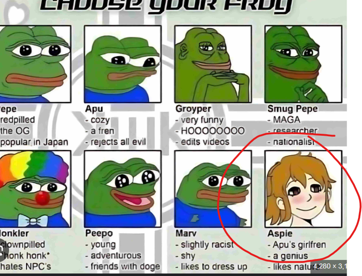 MikeStotts6's tweet photo. think i found something kinda crazy with the pepe lore

so we all know pepe was first created by matt furie and 4chan took it and made it a huge meme but i just found pepe's girlfriend that 4chan made for him

A thread with how i found "aspie" the gf of pepe 4chan created https://t.co/pHQf3J1mNf