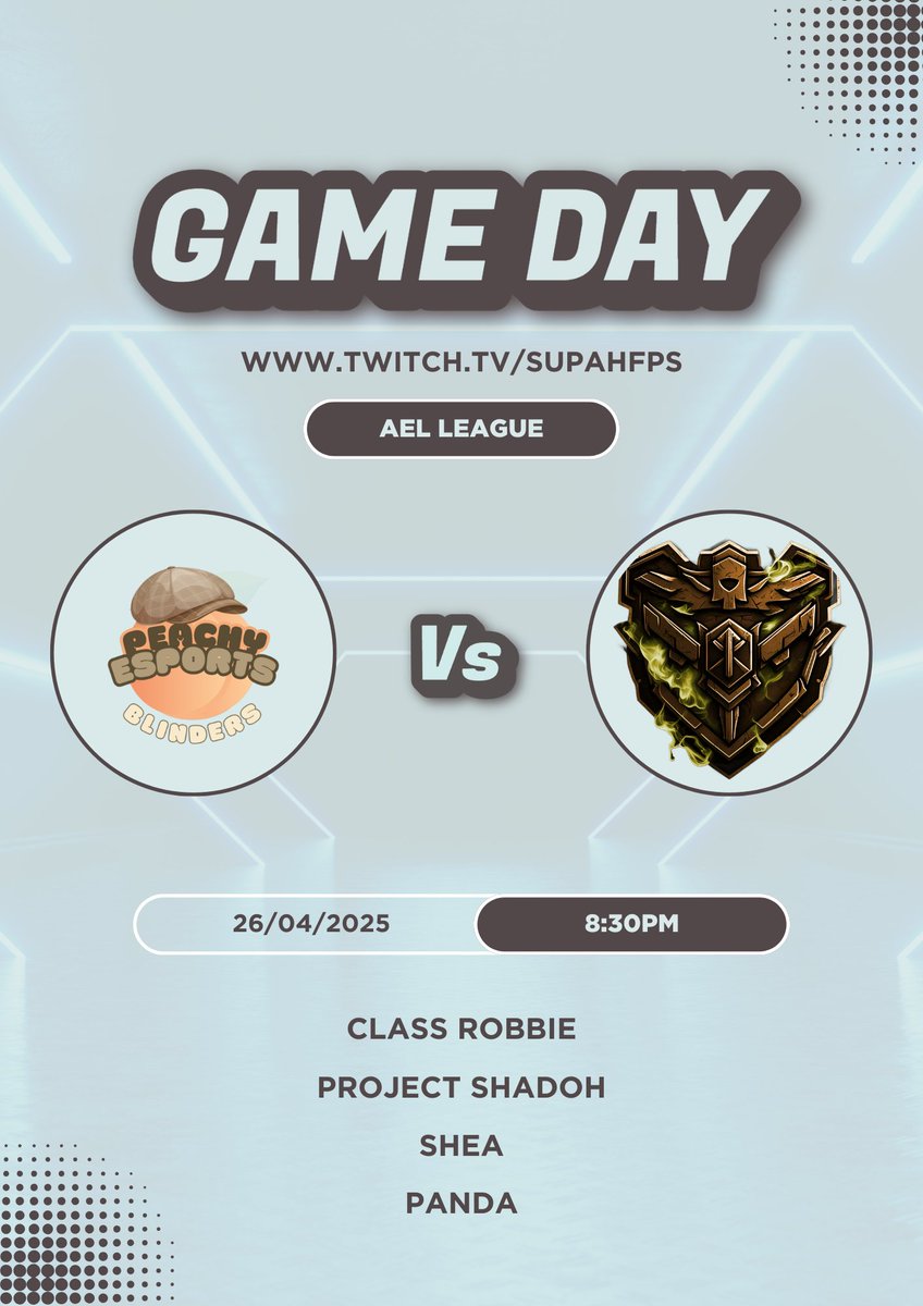 Peachy eSports (@peachy_esports) on Twitter photo ๐จ GAME DAY! ๐จ
Division 7:
Peachy Blinders vs Vapour esports๐ฅ
๐ด<a href="/AMeLeague/">AEL - Amateur Esports League</a>
๐8:30PM GMT
๐ฝ๏ธLive POV: twitch.tv/supahfps <a href="/SupahFPS/">Supah</a>
๐ <a href="/Classrobbie/">Robbie</a>
๐ <a href="/ProjectShadoh/">ProjectShadoh</a>
๐ <a href="/SheaSZN/">shea</a>
๐ <a href="/OhPandaa/">P-</a> ๐จ GAME DAY! ๐จ
Division 7:
Peachy Blinders vs Vapour esports๐ฅ
๐ด<a href="/AMeLeague/">AEL - Amateur Esports League</a>
๐8:30PM GMT
๐ฝ๏ธLive POV: twitch.tv/supahfps <a href="/SupahFPS/">Supah</a>
๐ <a href="/Classrobbie/">Robbie</a>
๐ <a href="/ProjectShadoh/">ProjectShadoh</a>
๐ <a href="/SheaSZN/">shea</a>
๐ <a href="/OhPandaa/">P-</a>