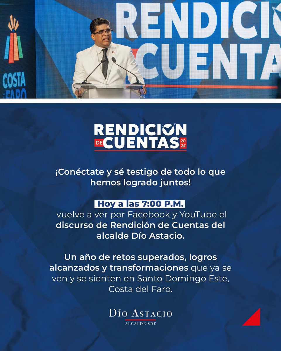 Este año fue de trabajo duro, de retos superados y de logros que ya se ven y se sienten. Hoy a las 7:00 PM revive conmigo en Facebook y YouTube todo lo que hemos logrado. ¡Y lo mejor apenas comienza para Santo Domingo Este, Costa del Faro!