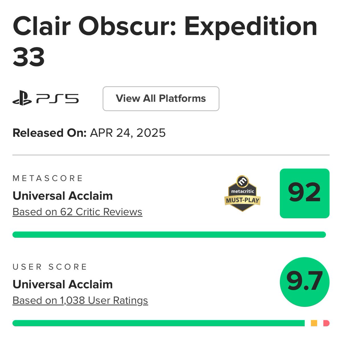 Expedition 33 is a masterpiece and anyone that enjoys games should play it.

I can’t believe what this small studio has pulled off. Actually may be the best game I’ve ever played, and I’ve played a lot of games.