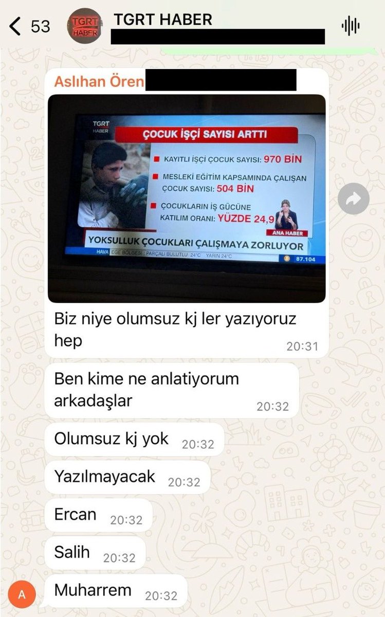 vaziyetcomtr's tweet photo. Çocuk işçi sayısının arttığına dair haberin içeriğiyle ilgili TGRT Haber’in WhatsApp grubundan sızdırılan tartışma…

İhlas Holding Yönetim Kurulu Başkanı Mücahid Ören’in eşi Aslıhan Yeltekin Ören’den gazetecilere azar… via @metincih https://t.co/aMuTeNsi2w