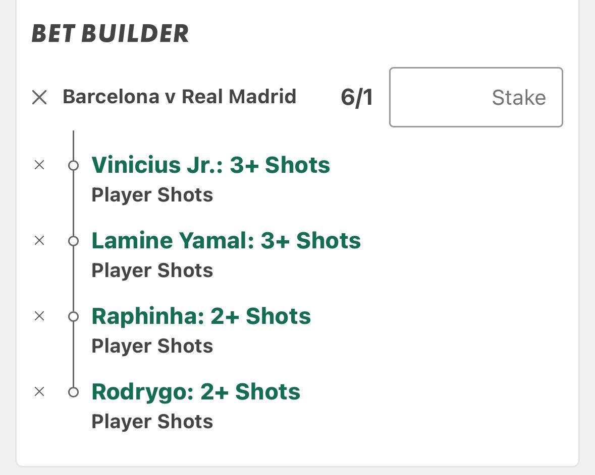 Ola_Ade14's tweet photo. X Tip. 

Barcelona vs Real Madrid Shots BB ⚽️

Link to add directly to slip: https://t.co/xOXUAldAuT https://t.co/fThOid3F6N