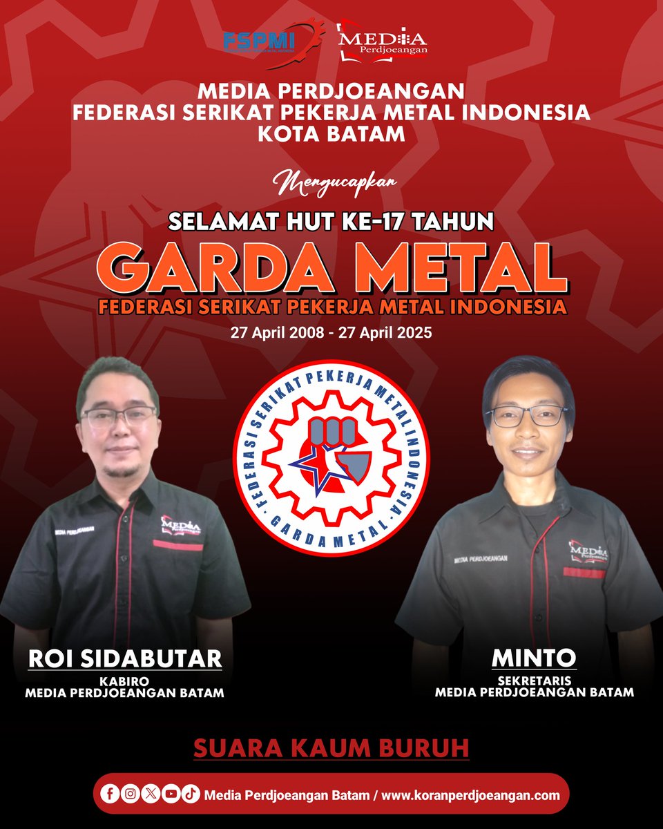 media_batam's tweet photo. Selamat HUT Ke 17 Tahun Garda Metal Federasi Serikat Pekerja Metal Indonesia ❤️

#gardametal #fspmi #kspi https://t.co/gkmFbLTBOM