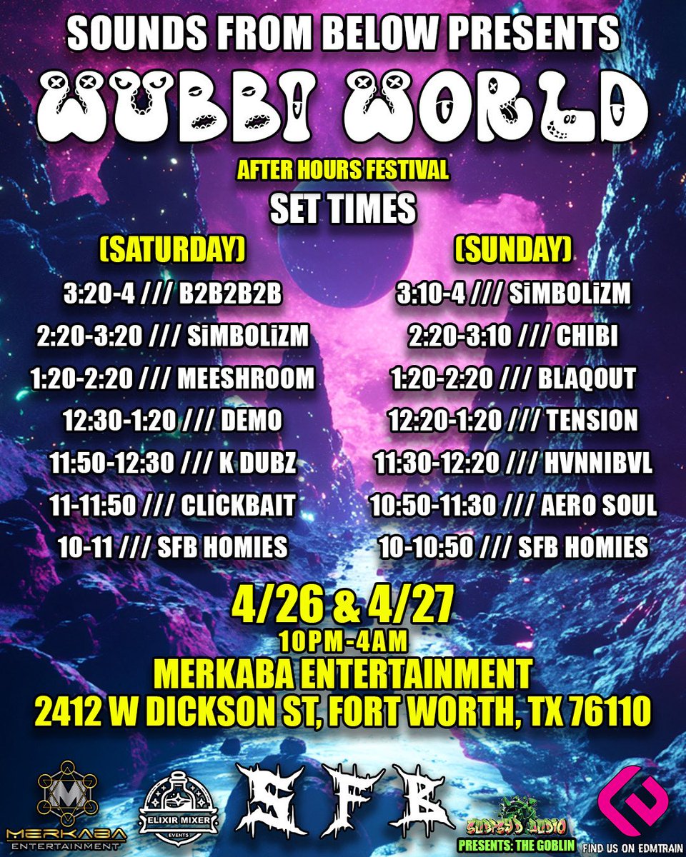 OUR 2 DAY FESTIVAL 👀 WUBBI WORLD 🌍 STARTS TODAY! 🫶
Ft. <a href="/blaqoutdubstep/">BLAQOUT</a> X MEESHROOM
&amp; MORE! 🥵
🎫🎫🎫⬇️⬇️⬇️
soundsfrombelow.ticketspice.com/wubbi-world