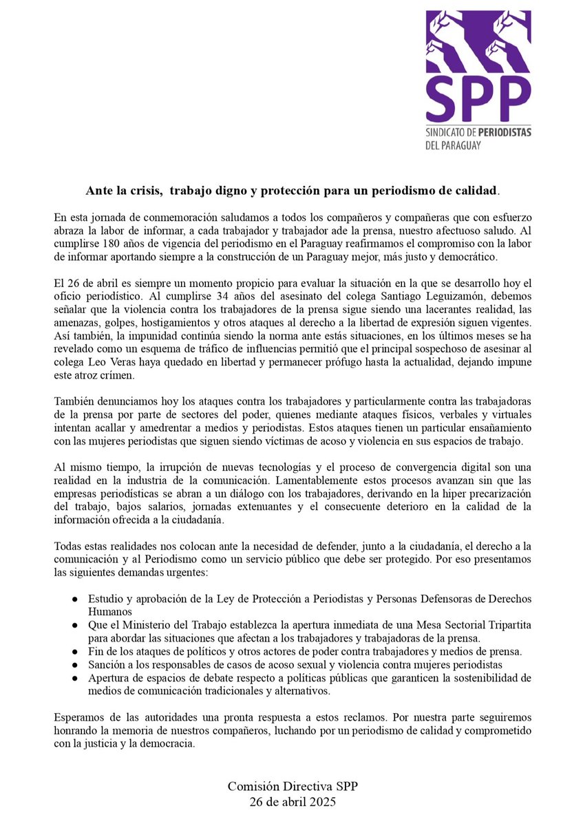 Conmemoramos el Día del y la Periodista. 

¡Defendiendo la democracia, la libertad de expresión y nuestros derechos como trabajadores y trabajadoras!

Ante las amenazas, mas organización, unidad y lucha