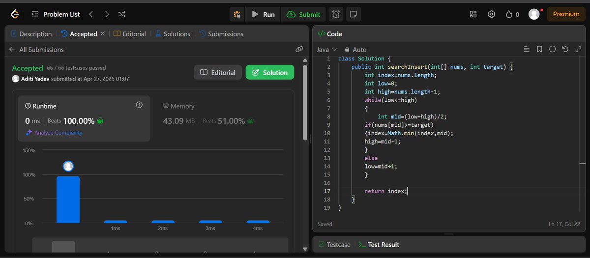 Aditi_me_'s tweet image. #DSAInJava #simplified
Problem : #Leetcode 35. Search Insert Position
Domain: Binary Search
TIP: try doing upperbound + lowerbound questions and then attempt this ! will be super easy to understand.
#womenInTech #SoftwareDev #Java #Developer #Tech
