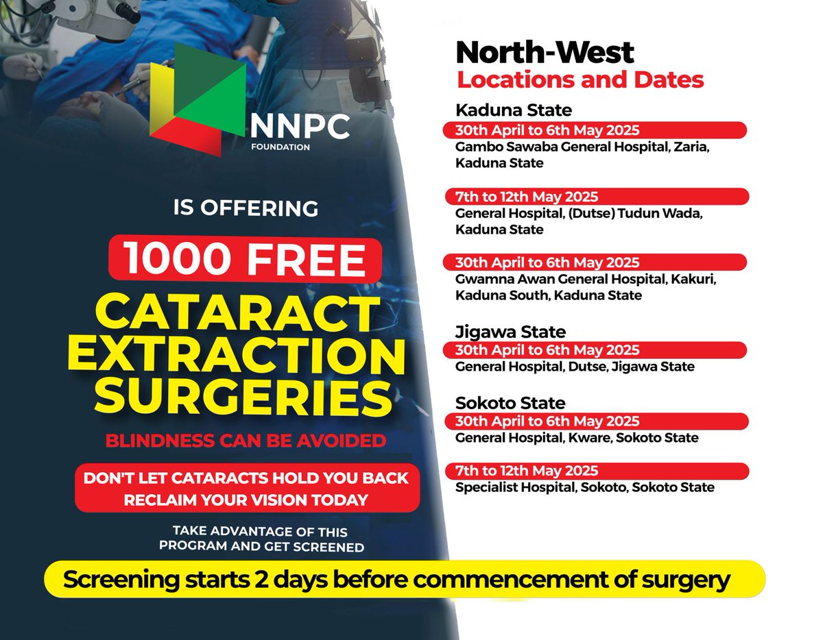 nnpclimited's tweet photo. NNPC Foundation is offering 1000 free cataract extraction surgeries in North West, Nigeria.

Locations and Dates:

Kaduna State:
30th April to 6th May, 2025
Gambo Sawaba General Hospital, Zaria, Kaduna State

30th April to 6th May, 2025
Gwamna Awan General Hospital, Kakuri, Kaduna South, Kaduna State

7th to 12th May, 2025
General Hospital, (Dutse), Tudun Wada, Kaduna State

Jigawa State:
30th April to 6th May, 2025
General Hospital, Dutse, Jigawa State

Sokoto State:
30th April to 6th May, 2025
General Hospital, Kwere, Sokoto State

7th to 12th May, 2025
Specialist Hospital, Sokoto, Sokoto State

Blindness can be avoided. Don't let cataracts hold you back. Reclaim your vision today.

Take advantage of this program and get screened.

PS: Screening starts 2 days before the commencement of surgery.

#NNPCCares 
#EnergyforToday 
#EnergyforTomorrow