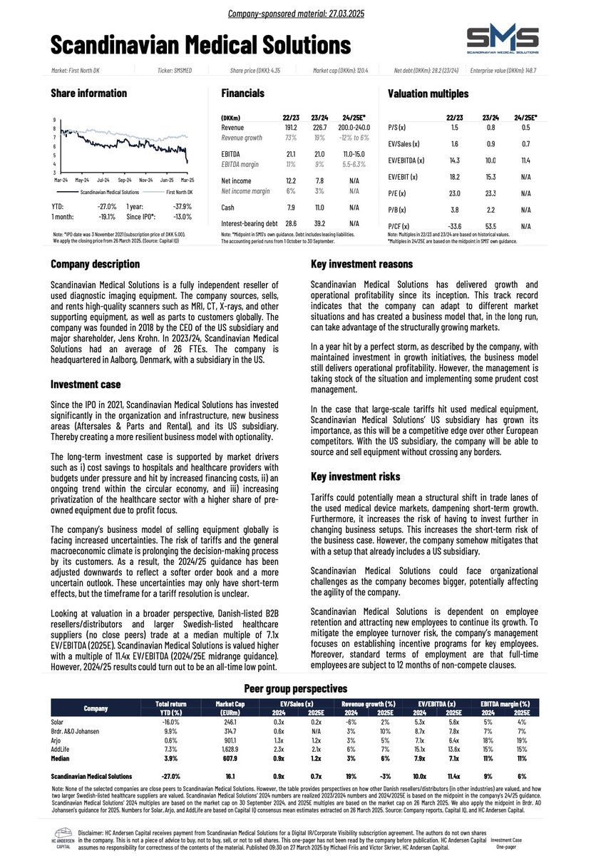 🇩🇰Scandinavian Medical Solutions (One-pager): Structural growth markets, but high short-term uncertainty

Scandinavian Medical Solutions adjusted its 2024/25 guidance downward due to increased geopolitical uncertainties and threats of tariffs. Both prolonging customers' decision