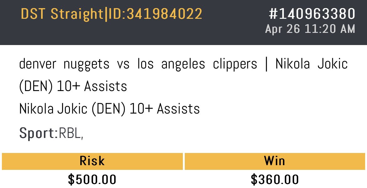 LOCK OF THE DAY 🔒

Jokic 10+ ast 🔥

Bet placed on <a href="/BetWolfBook/">Bet Wolf</a> 👀

#GamblingX
