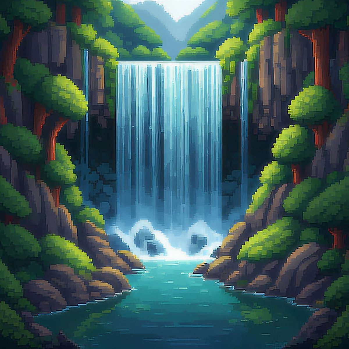 randomvisionsai's tweet photo. A pixel art waterfall with pixelated water, pixelated rocks, and pixelated foliage. https://t.co/T8zhkWM8js
