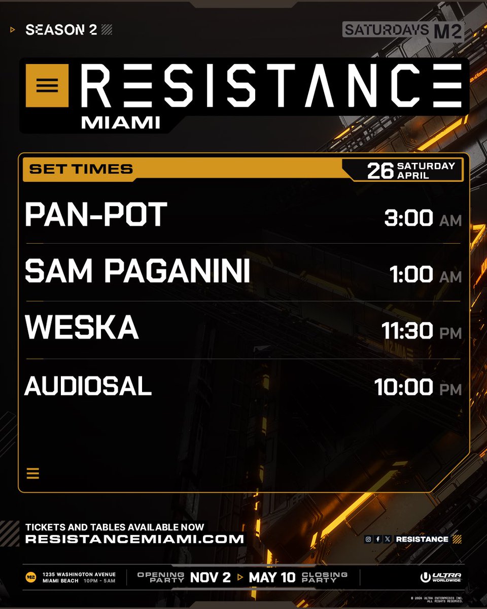 Here we go, set times for tonight’s dance with <a href="/PanPotOFFICIAL/">Pan-Pot</a>, Sam Paganini, <a href="/iamweska/">weska</a>, and AudioSal! See you tonight at <a href="/M2_Miami_/">M2 Miami</a>!

Tickets &amp; Tables ➡️ resistancemiami.com/tickets