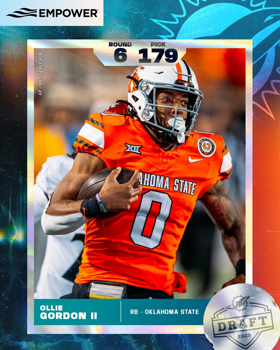 Miami Dolphins (@miamidolphins) on Twitter photo OG2 🤠
With the 179th pick in the #NFLDraft, we have selected RB <a href="/Ollie_Gordon2/">Ollie Gordon</a> from <a href="/CowboyFB/">OSU Cowboy Football</a>. OG2 🤠
With the 179th pick in the #NFLDraft, we have selected RB <a href="/Ollie_Gordon2/">Ollie Gordon</a> from <a href="/CowboyFB/">OSU Cowboy Football</a>.
