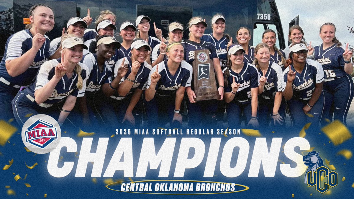 The MIAA (@themiaa) on Twitter photo Congratulations to <a href="/UCOSoftball/">UCOSoftball</a>, the outright 2025 MIAA softball regular season 𝑪𝑯𝑨𝑴𝑷𝑰𝑶𝑵 🏆🎊
The Bronchos went 20-4 in the MIAA this season to claim the program's sixth regular season title.
#RollChos x #BringYourAGame Congratulations to <a href="/UCOSoftball/">UCOSoftball</a>, the outright 2025 MIAA softball regular season 𝑪𝑯𝑨𝑴𝑷𝑰𝑶𝑵 🏆🎊
The Bronchos went 20-4 in the MIAA this season to claim the program's sixth regular season title.
#RollChos x #BringYourAGame