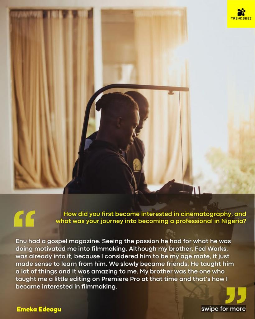trendsbeemag's tweet photo. EXCLUSIVE INTERVIEW!
Exceptional filmmaker Emeka Edeogu @mecksberry opens up about the challenges Nigerian cinematographers face, the importance of creative support networks, and his plans for impactful documentaries that resonate globally. https://t.co/mZfOOavoAd