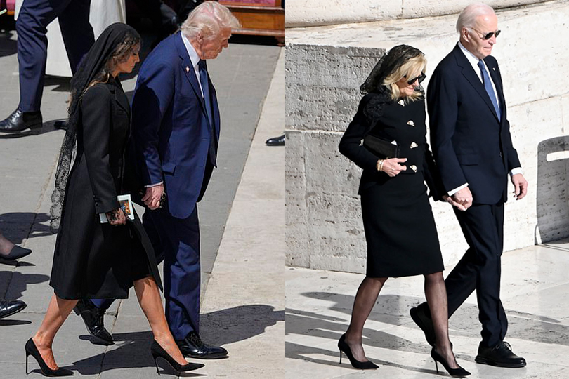 At the funeral of Pope Francis, most heads of states and other dignitaries followed the dress code for a papal funeral, which requires women to wear a long black dress – at least knee-length – black gloves and a headscarf, head covering or veil:

29secrets.com/style/the-sign…