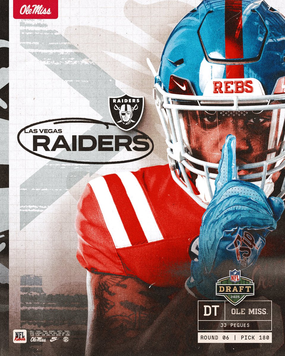 Ole Miss Football (@olemissfb) on Twitter photo The 'Sip ➡️ LV
JJ Pegues is heading to the <a href="/Raiders/">Las Vegas Raiders</a>‼️
Round 06 | Pick 180
#HottyToddy x #RaiderNation The 'Sip ➡️ LV
JJ Pegues is heading to the <a href="/Raiders/">Las Vegas Raiders</a>‼️
Round 06 | Pick 180
#HottyToddy x #RaiderNation