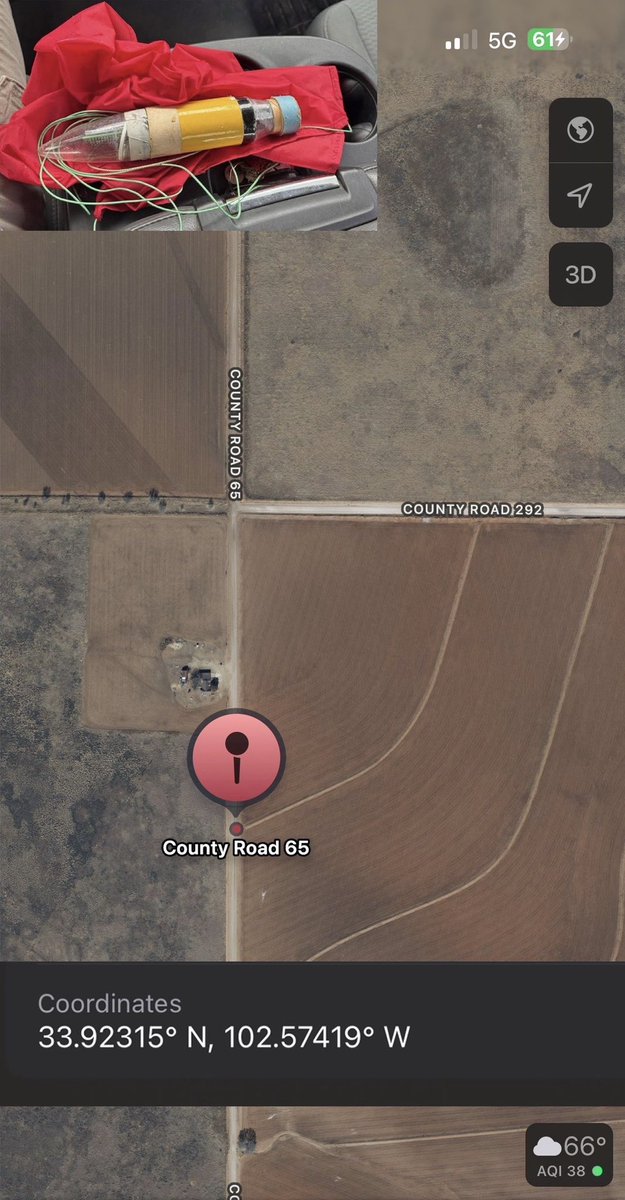 PLEASE SHARE! If you are between Sudan and Amherst in West Texas, please be on the lookout for a red parachute with #tornado probe attached. 

We launched this rocket into the tornado yesterday from the coordinates posted. If you have a drone that would help big in the search.