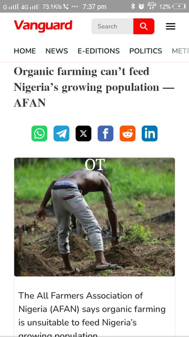 OtfarmL's tweet photo. In all the agricultural news I have read today this is the most st*pid one. you people refused to improve and produce more do not say Organic farming can't feed Nigeria's growing population, please.
#organicfarmers
#otfarm
@Vanguard_Group 
#All_Farmers_Association_of_Nigeria https://t.co/z4v8ir3rY3