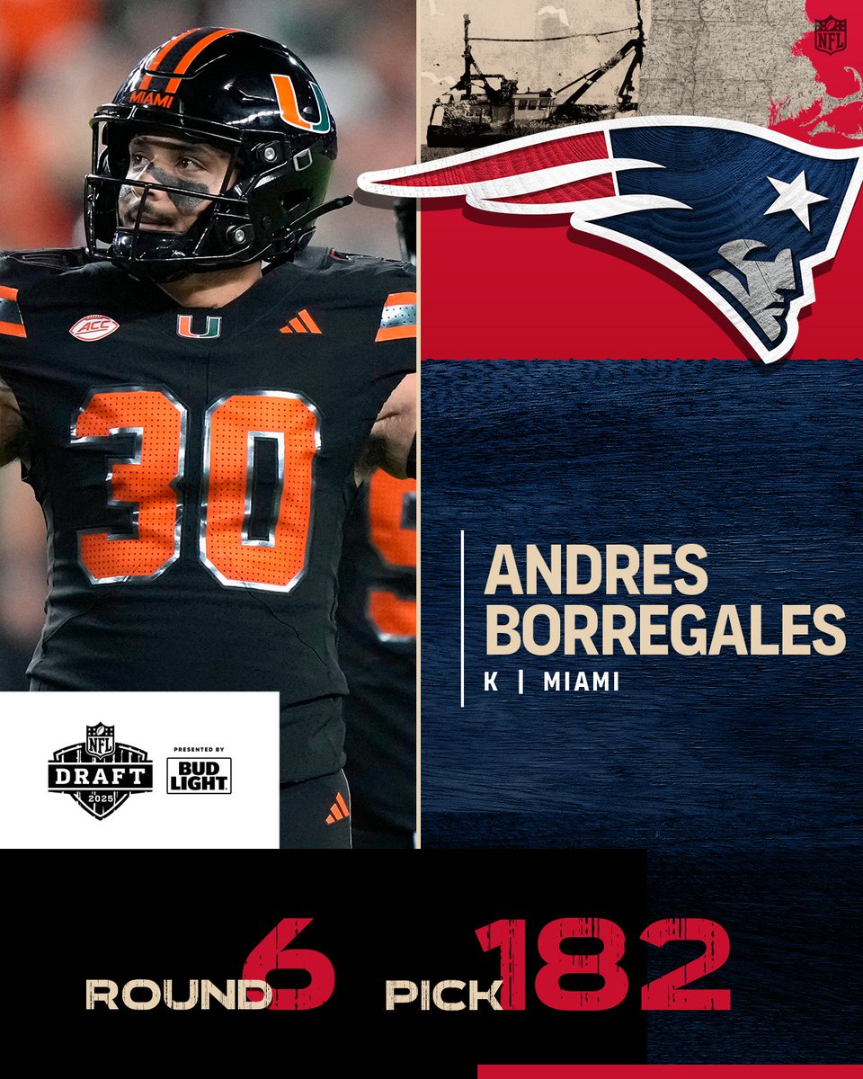 With the No. 182 overall pick in the 2025 <a href="/NFLDraft/">NFL Draft</a>, the <a href="/Patriots/">New England Patriots</a> select Andres Borregales.

📺: #NFLDraft on NFLN/ESPN/ABC
📱: Stream on <a href="/NFLPlus/">NFL+</a>