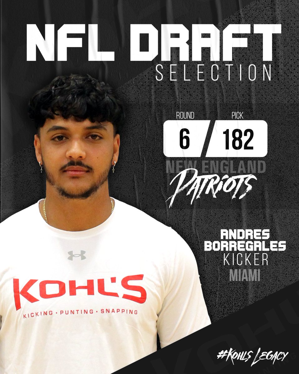 With the 182nd pick in the 6th round of the 2025 NFL Draft, the New England Patriots select #KohlsElite Kicker Andres Borregales of Miami. #NEPats

#KohlsLegacy // #NFLDraft