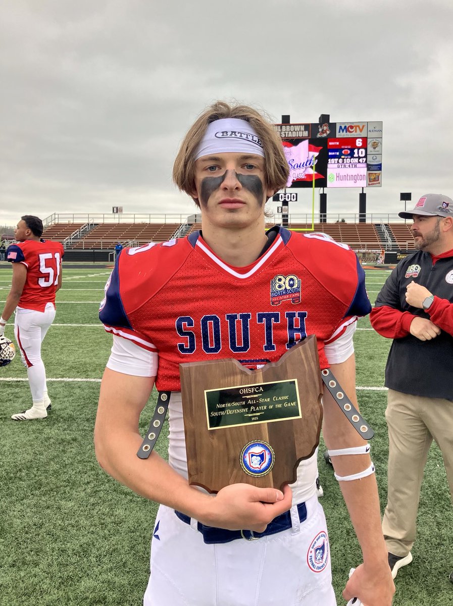 West Muskingum safety Jake Anton earns Defensive Player of the Game for the South squad in D-IV-VII Ohio High School Football Coaches Association All-Star Game in Massillon. North wins, 10-6.