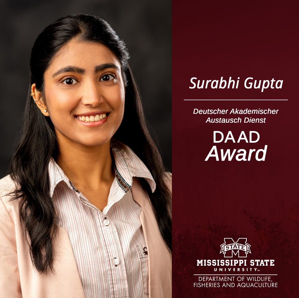 MSU Wildlife, Fisheries, and Aquaculture (@msuwfa) on Twitter photo Congrats to <a href="/MSUWFA/">MSU Wildlife, Fisheries, and Aquaculture</a> senior Surabhi Gupta on receiving Germany’s top international grad scholarship (DAAD)! She’ll pursue biological oceanography research at GEOMAR, University of Kiel. We’re proud of her achievements!
Learn more ⬇️
🔗 msstate.edu/newsroom/artic…
#MSUWFA #MSUCFR Congrats to <a href="/MSUWFA/">MSU Wildlife, Fisheries, and Aquaculture</a> senior Surabhi Gupta on receiving Germany’s top international grad scholarship (DAAD)! She’ll pursue biological oceanography research at GEOMAR, University of Kiel. We’re proud of her achievements!
Learn more ⬇️
🔗 msstate.edu/newsroom/artic…
#MSUWFA #MSUCFR
