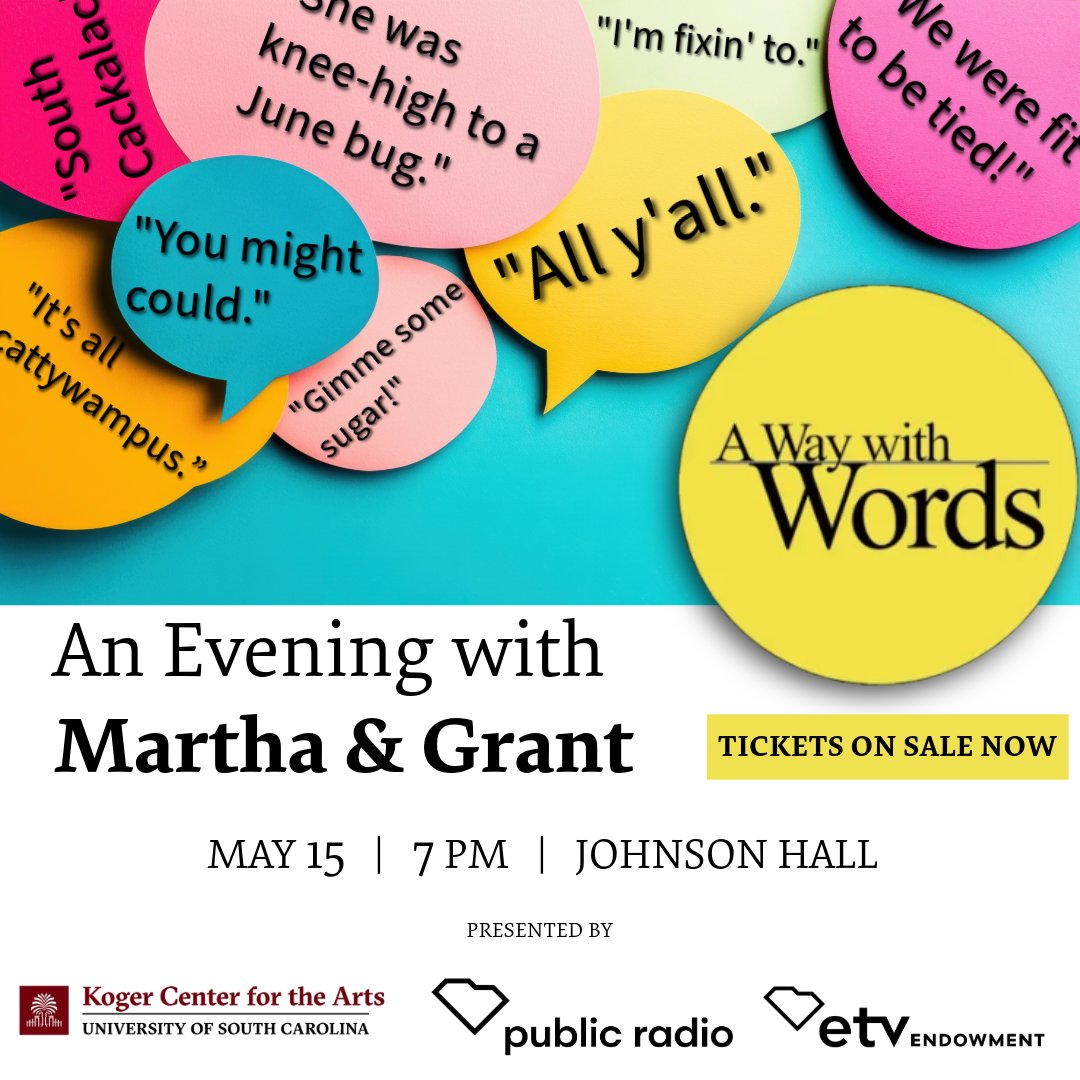 South Carolina Public Radio (@scpublicradio) on Twitter photo Have you ever wondered why we use certain words and phrases in the South? Hosts Martha and Grant of <a href="/wayword/">A Way with Words</a> will join us in person on May 15 for a lively discussion about the ways language shapes our lives. Get your tickets now via the link ➡️ bit.ly/41SCauY Have you ever wondered why we use certain words and phrases in the South? Hosts Martha and Grant of <a href="/wayword/">A Way with Words</a> will join us in person on May 15 for a lively discussion about the ways language shapes our lives. Get your tickets now via the link ➡️ bit.ly/41SCauY