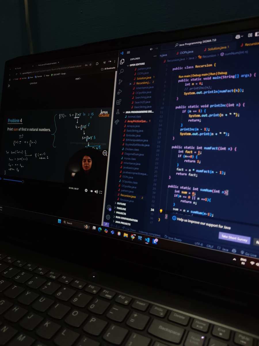 AbhirupCode's tweet photo. So here I am, day 33 of #100DaysOfCode ✅
Learned
- Stack overflow in recursion
- Factorial
- nth Fibonacci
Recursion is definitely a tricky topic but @ShradhaKhapra_ made it so understandable that anyone can do it 📈✨
@ApnacollegeX @AmanDhattarwal #consistency #DSA #JavaDSA https://t.co/WjuLJfhUEF