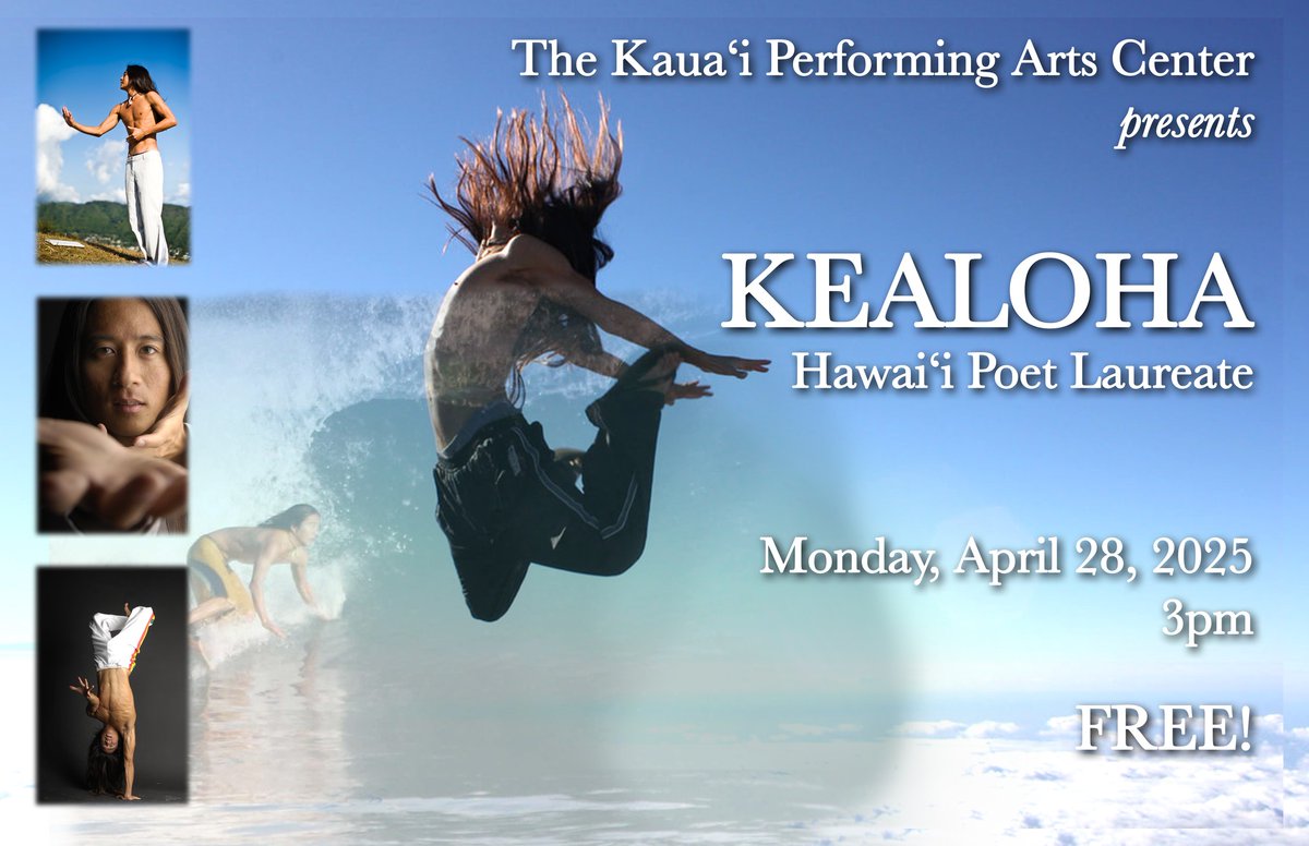 KealohaPoetry's tweet photo. Kauaʻi folks! Come join me for a free show this coming Monday, April 28th at 3pm. I'll be doing a full hour of poetry at the beautiful Performing Arts Center at Kauaʻi Community College. Free and open to the public. https://t.co/A1QzeZLCgD