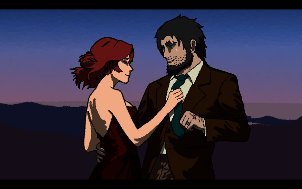 ViktorInFlesh's tweet photo. A piece of Tukasa and his love, Tali enjoying a dance at sundown. I liked how it came out but I could have been more on-model drawing Tukasa looking back.

#art #artwork #oc #ocart #smallartist #fantasy https://t.co/1vqxxx9amH