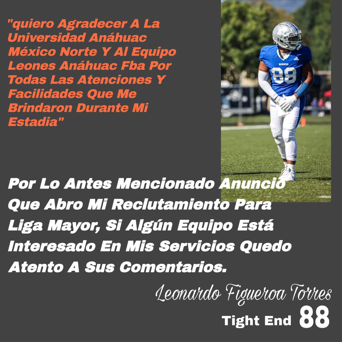 Leonardo Figueroa Torres (@leonardofig88) on Twitter photo Uncommitted.
6,2ft
215lbs
1st team all conference
2nd team all state
<a href="/alanoparra/">Alan Parra</a>
<a href="/Cover0Recruits/">Cover 0 Recruits</a>
<a href="/PlaymakersM/">Playmakers Football Mexico</a>
hudl.com/v/2JkYiw Uncommitted.
6,2ft
215lbs
1st team all conference
2nd team all state
<a href="/alanoparra/">Alan Parra</a>
<a href="/Cover0Recruits/">Cover 0 Recruits</a>
<a href="/PlaymakersM/">Playmakers Football Mexico</a>
hudl.com/v/2JkYiw