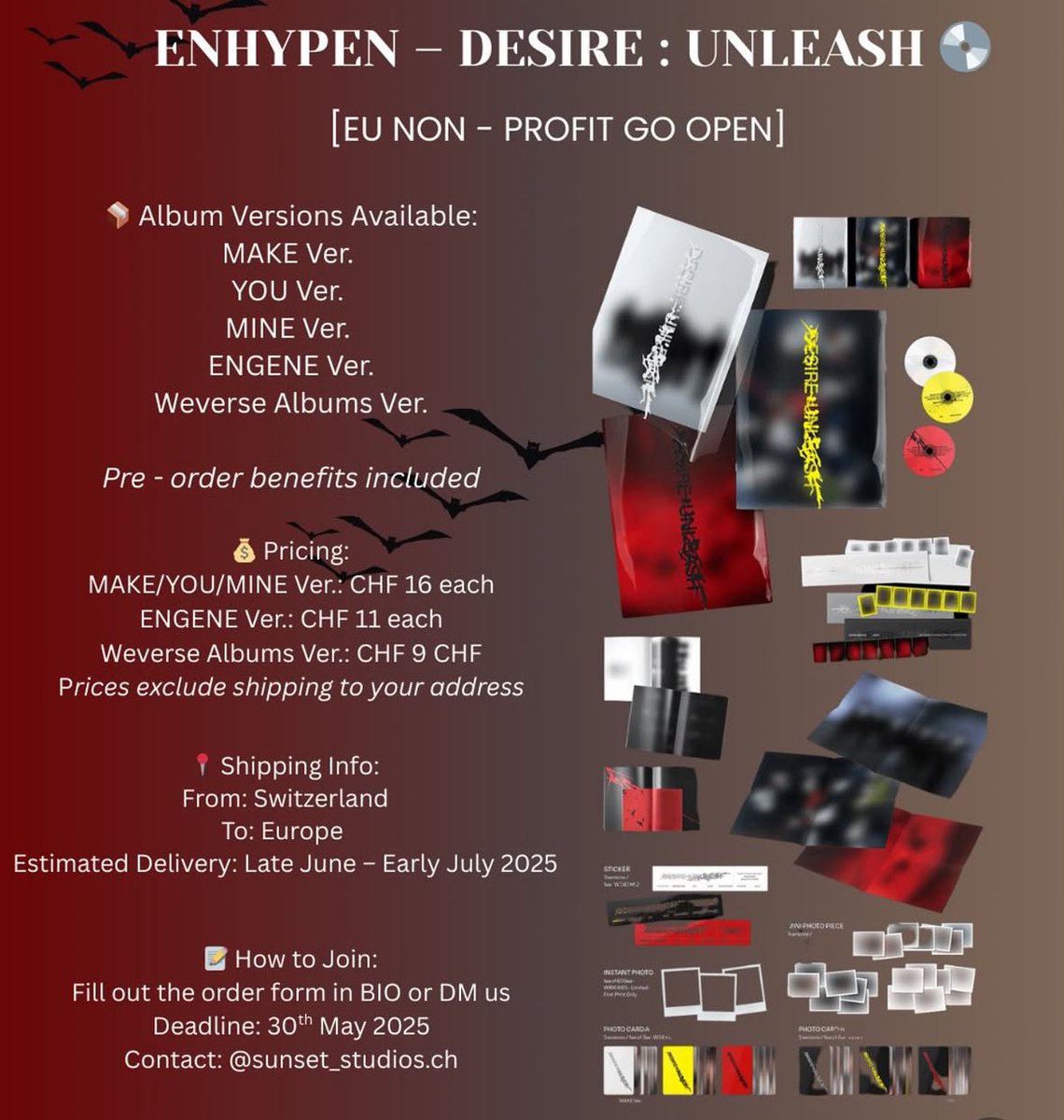 vantevanitae's tweet photo. [EU Non-Profit GO Open]
𝗘𝗡𝗛𝗬𝗣𝗘𝗡 - 𝗗𝗘𝗦𝗜𝗥𝗘: 𝗨𝗡𝗟𝗘𝗔𝗦𝗛

💰 20% DP to secure your order
🧾 Balance upon arrival!
✈️ ETA: End of June
🚚 Shipping across EU
🎁 Weverse POB included
📩 order form: https://t.co/o9rGzNkMuw

wts lfb eugo kpop enhypen https://t.co/Kz6a6zQBYM