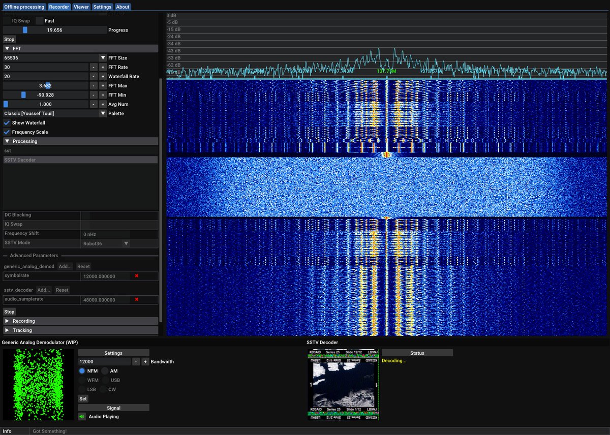 A long-requested feature in SatDump : SSTV Decoding. It'll be present  whenever the first 2.x.x versions drop. Here, an example decoding some  Robot 36 IQ from FRAM2.  
PD120 and a few more are supported, but it's still very experimental of  course.