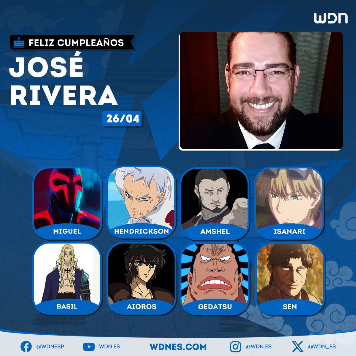 wdn_es's tweet photo. 🎂 | Cumpleaños
Le deseamos un feliz cumpleaños al actor de doblaje @jluisrivera26, ¡esperamos que la pase increíble en compañía de sus familiares y seres queridos! https://t.co/RaGW46j5bk