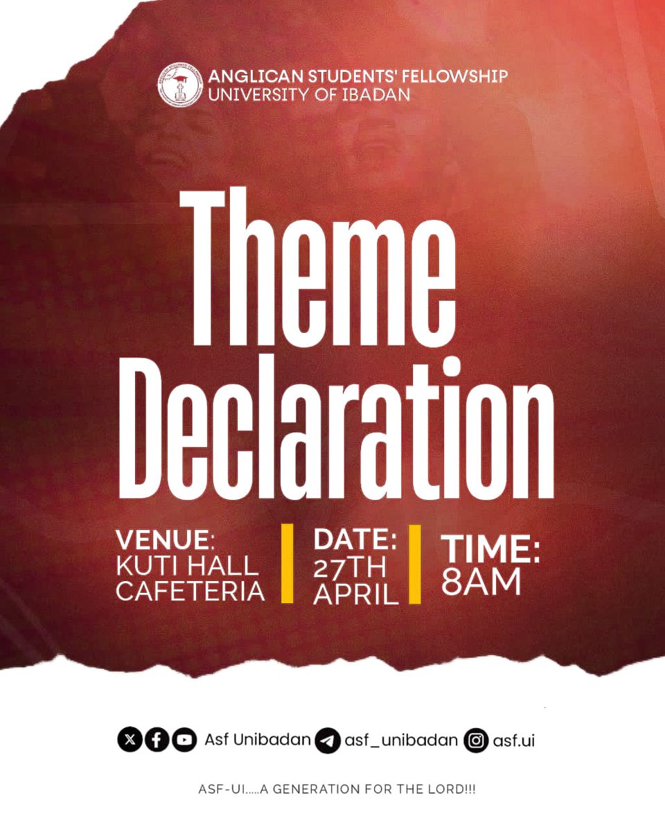 AsfUnibadan's tweet photo. Join us tomorrow πβ¨
#ASFUI #Theme #Declaration
#Sundayservice https://t.co/mP5SZwlKWI