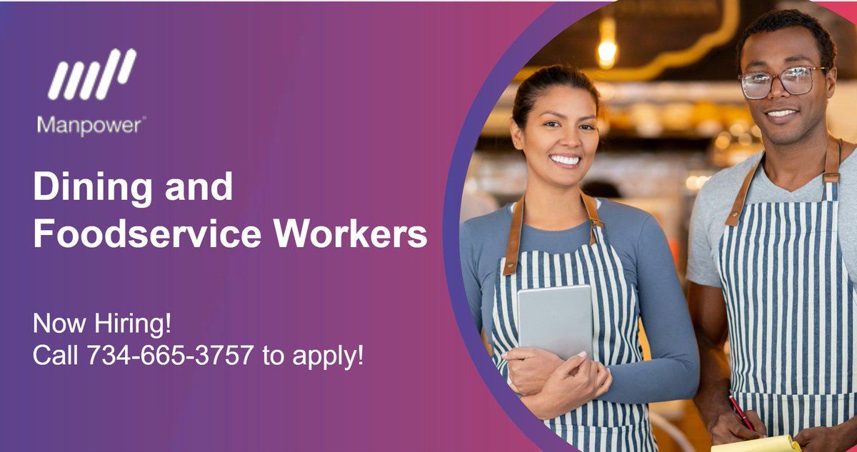 ManpowerA2's tweet image. Our client, the University of Michigan, is currently seeking Food Service Workers! Compensation is $18/hr– WEEKLY pay! Must have HS Diploma/GED and willingness to work flexible hours. Call 734-665-3757 or go to manpower.com/en/job/food-pr… to learn more and apply!