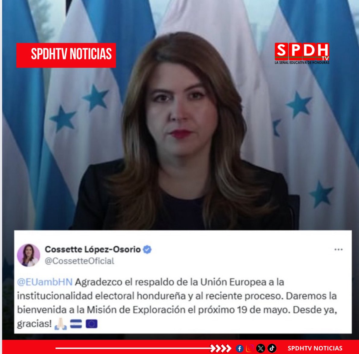 #ENVIVO La consejera presidenta del CNE, Cossette López, agradeció al embajador de la Unión Europea en Honduras y desde ya le da la bienvenida a la Misión de Exploración que arribará el próximo 19 de mayo.

#𝐇𝐨𝐧𝐝𝐮𝐫𝐚𝐬 #𝐍𝐞𝐰𝐬 #Noticiasvenevision